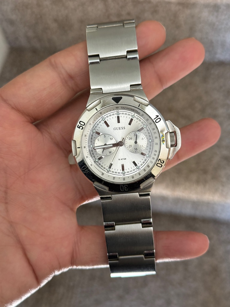 Guess Vintage Classic Silver Stainless Steel Chronograph Watch Mens White Dial